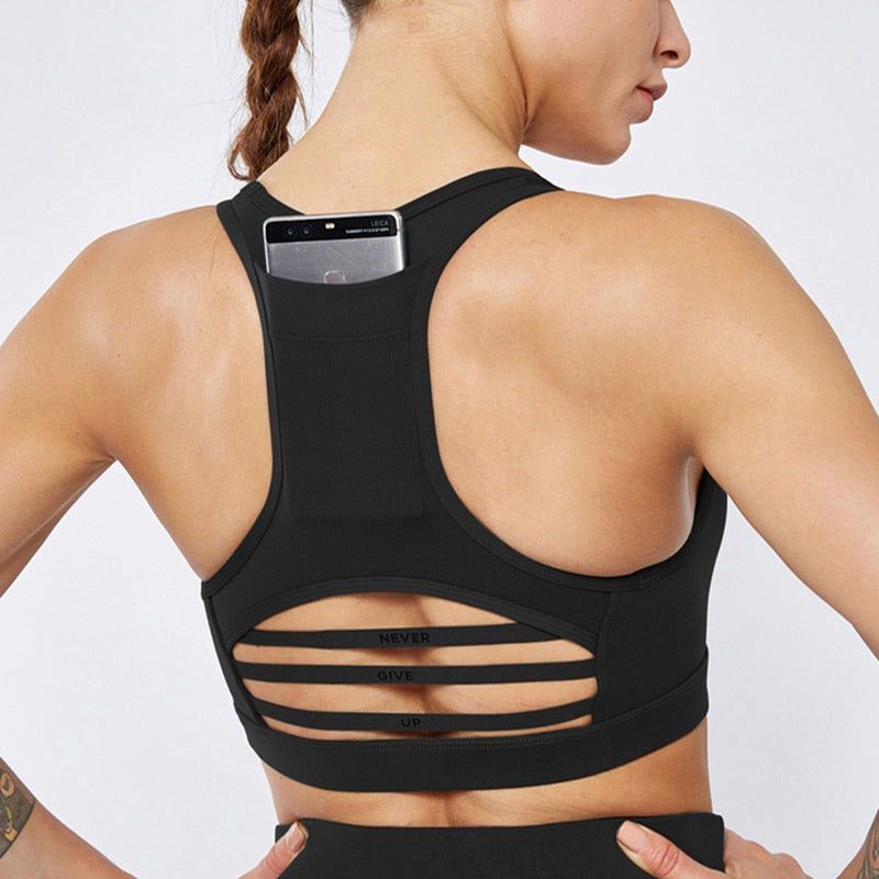 Sexy Gym Bra With Back Pocket Absorb Sweat Tops Yoga Running Sports Br